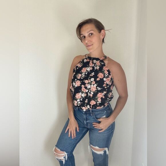 Floral Sleeveless Blouse Pink Flowers Black Medium Keyhole Back Tie - Picture 2 of 12